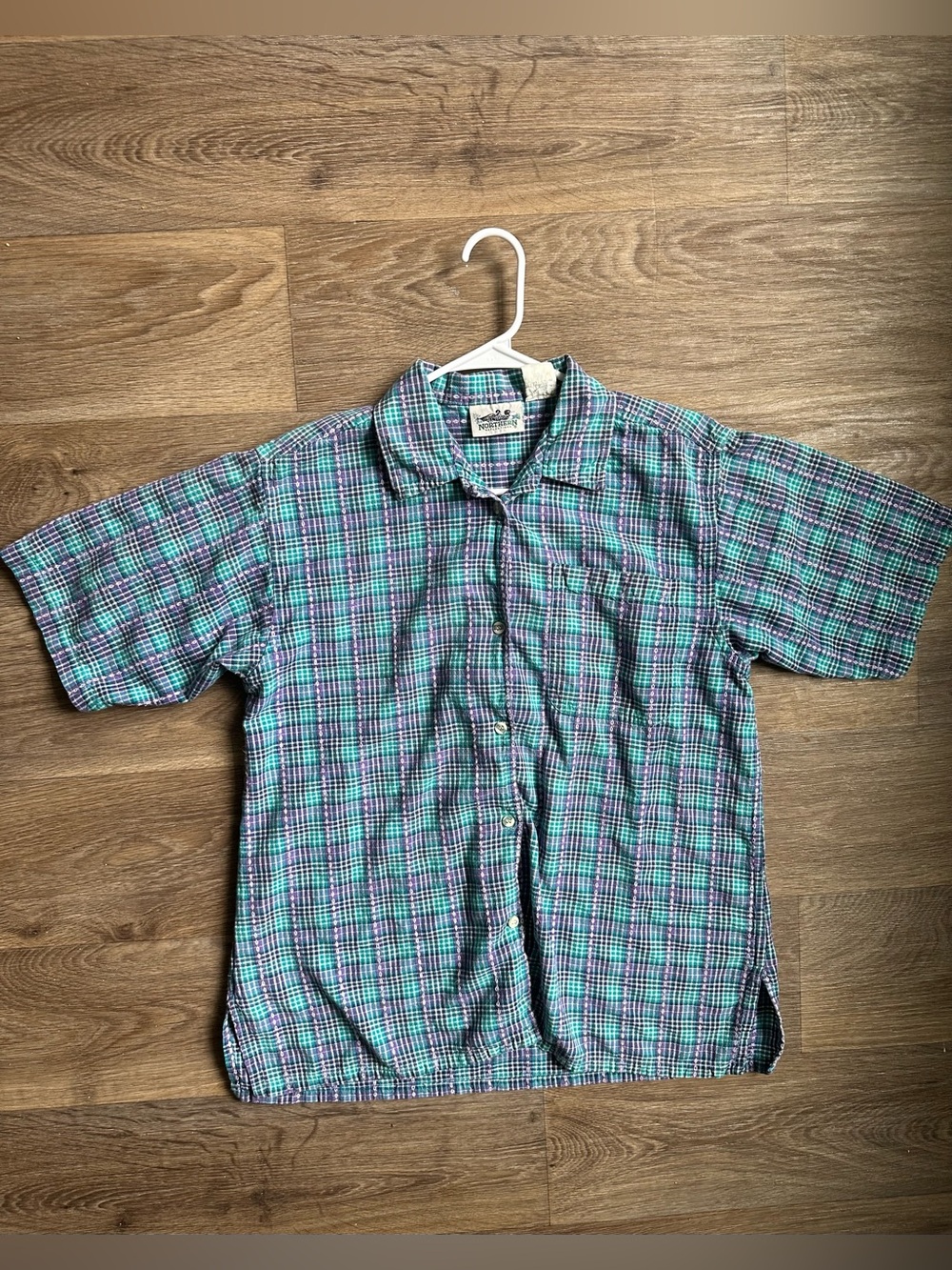 Vintage Northern Reflections Plaid Button Up Shirt Size M Green Teal Purple